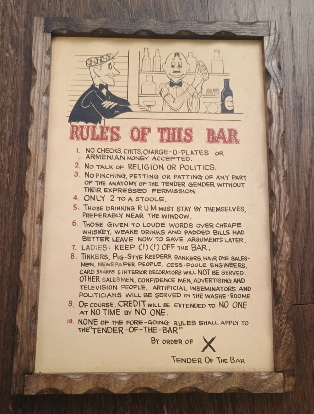 Vtg MCM 1950s KITSCH Rules Of this BAR By Tender Plaque Sign Framed NO CREDIT
